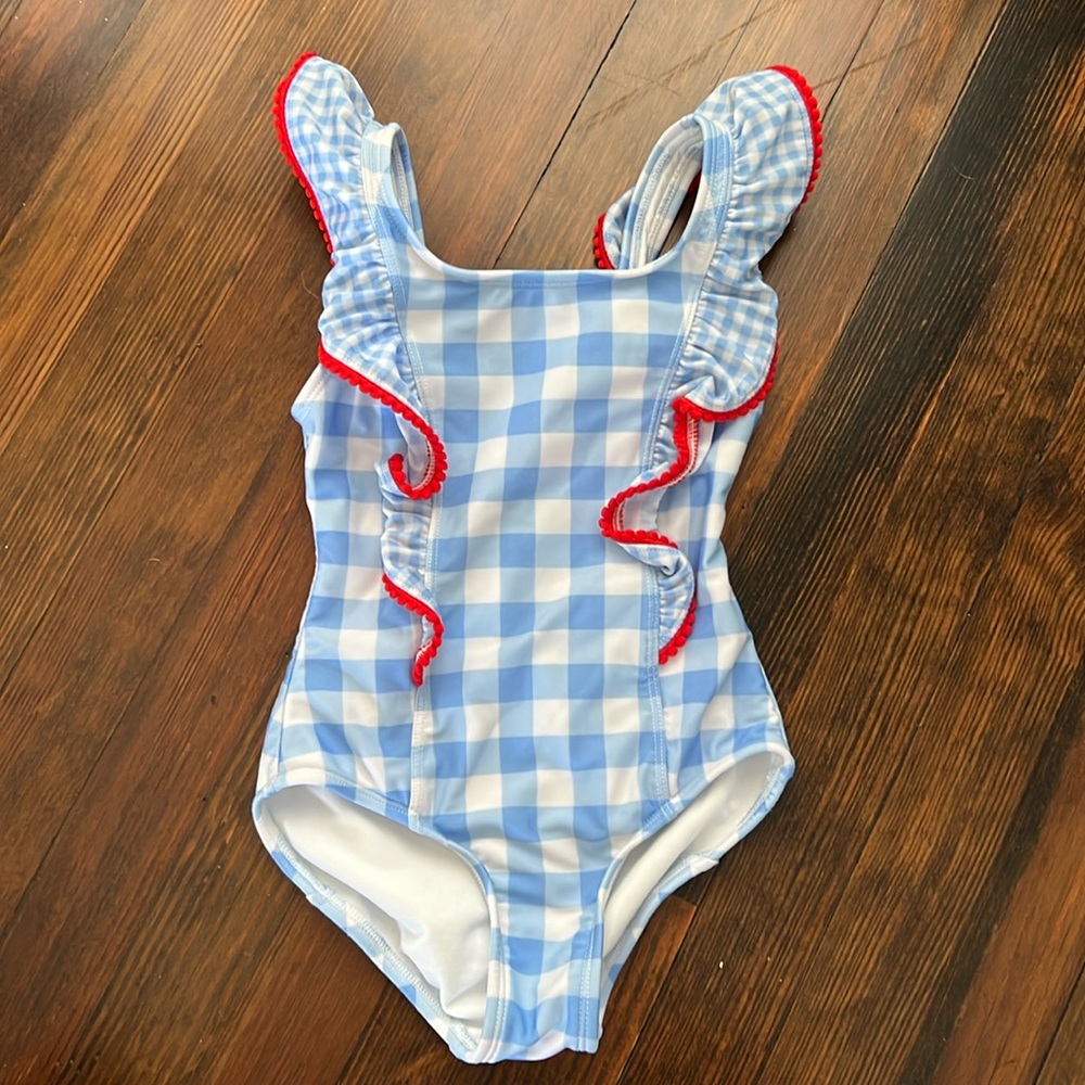 Cat & Jack girls blur and white plaid swimsuit, size: XS (4-5)